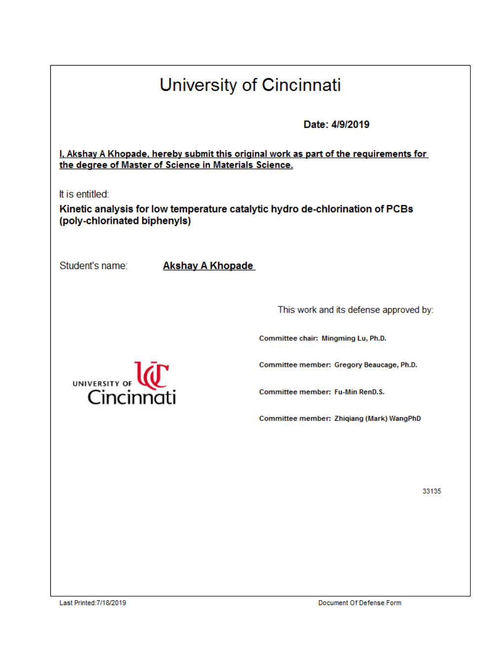 Kinetic Analysis for Low Temperature Catalytic Hydro De-Chlorination Of