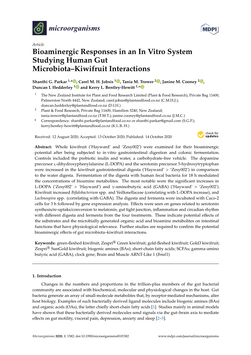 Bioaminergic Responses in an in Vitro System Studying Human Gut Microbiota–Kiwifruit Interactions