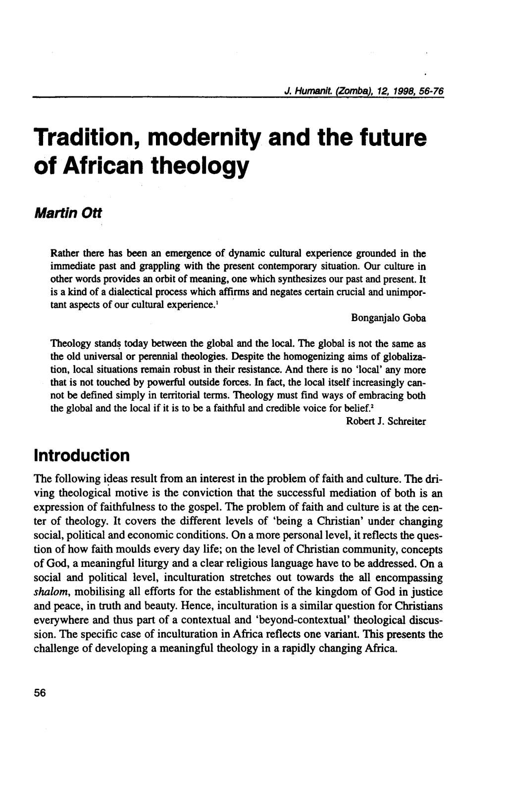 Tradition, Modernity and the Future of African Theology