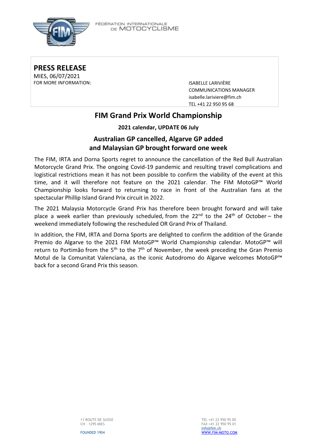 PRESS RELEASE FIM Grand Prix World Championship