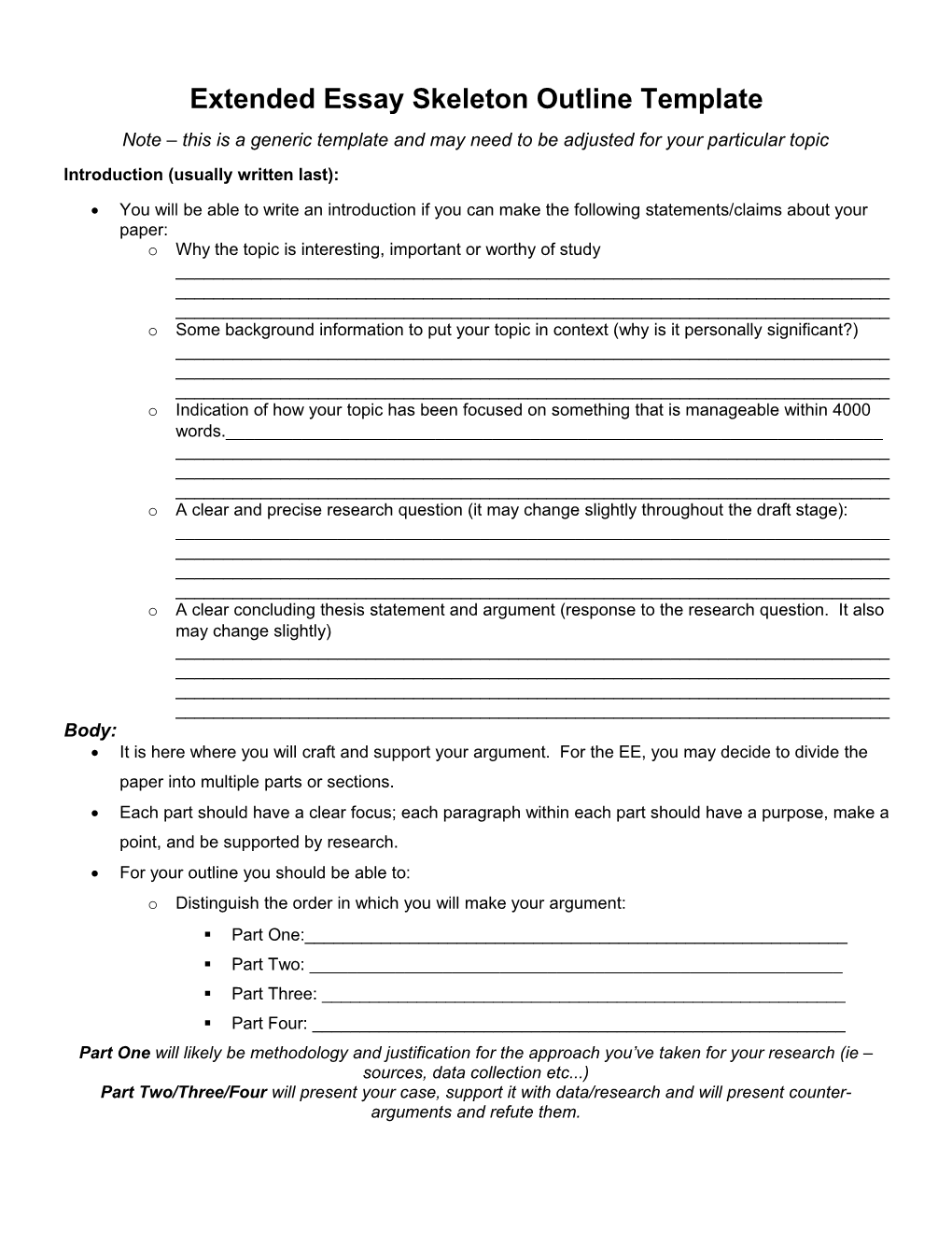 Extended Essay Skeleton Outline Template