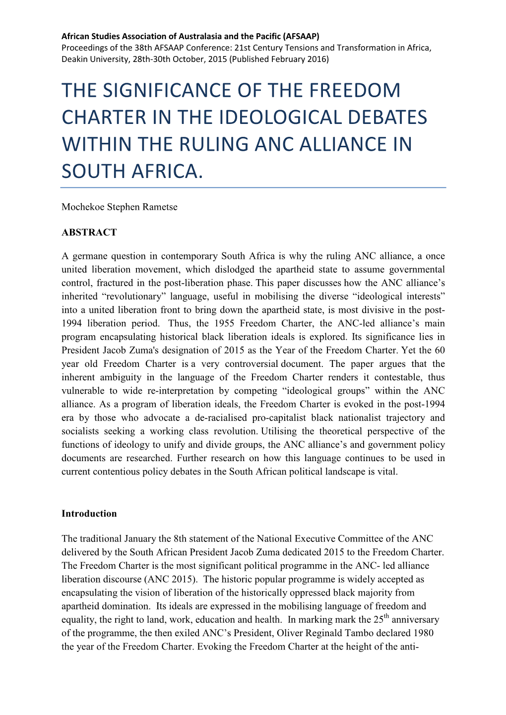 The Significance of the Freedom Charter in the Ideological Debates Within the Ruling Anc Alliance in South Africa