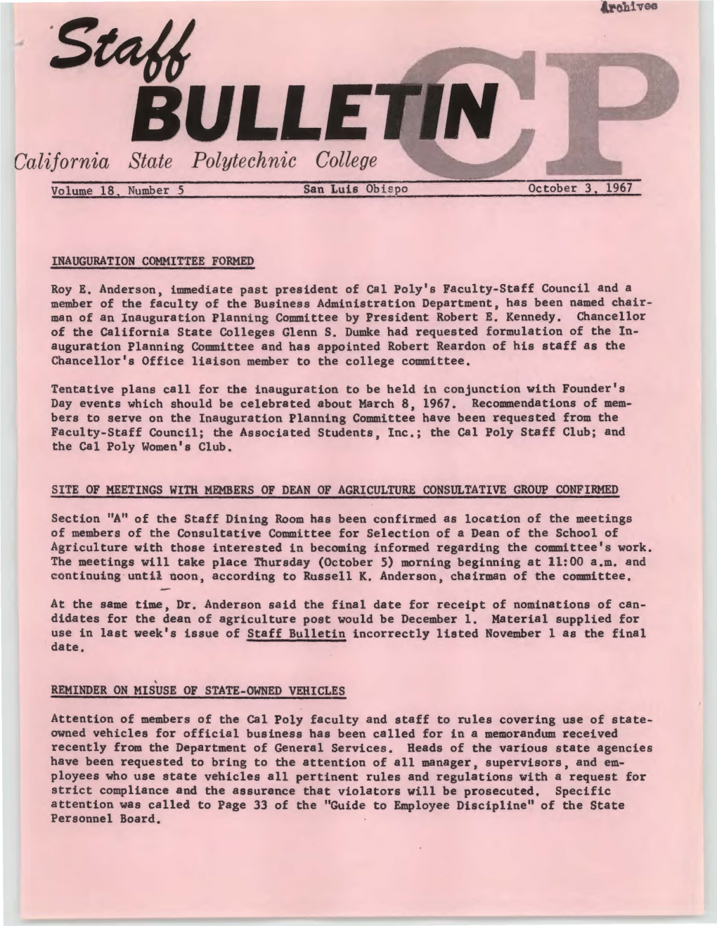 October 3, 1967 Staff Bulletin