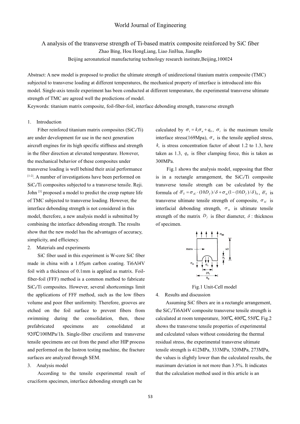 A Analysis Of The Transverse Strength Of Ti-Based Matrix Composite Reinforced By Sic Fiber