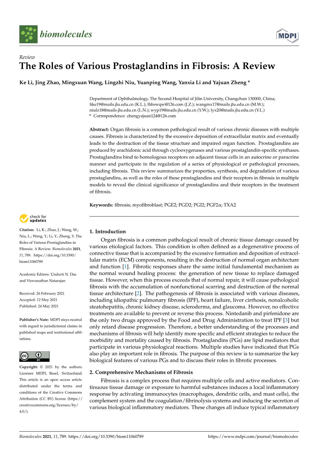 The Roles of Various Prostaglandins in Fibrosis: a Review