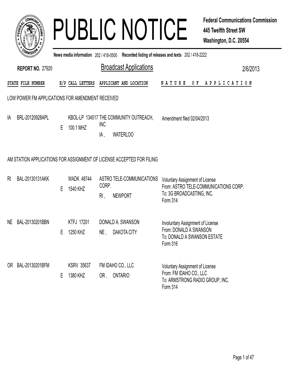 PUBLIC NOTICE Federal Communications Commission