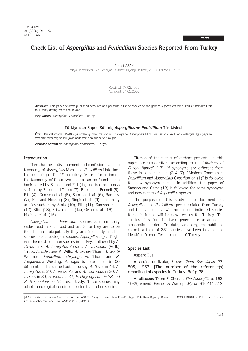 Check List of Aspergillus and Penicillium Species Reported from Turkey