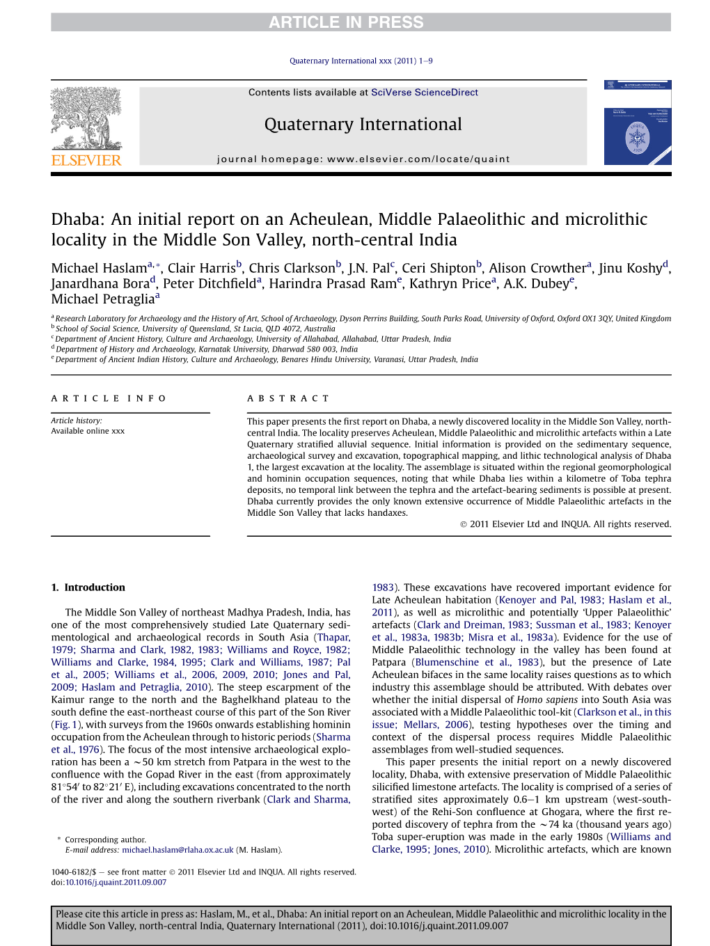 An Initial Report on an Acheulean, Middle Palaeolithic and Microlithic Locality in the Middle Son Valley, North-Central India