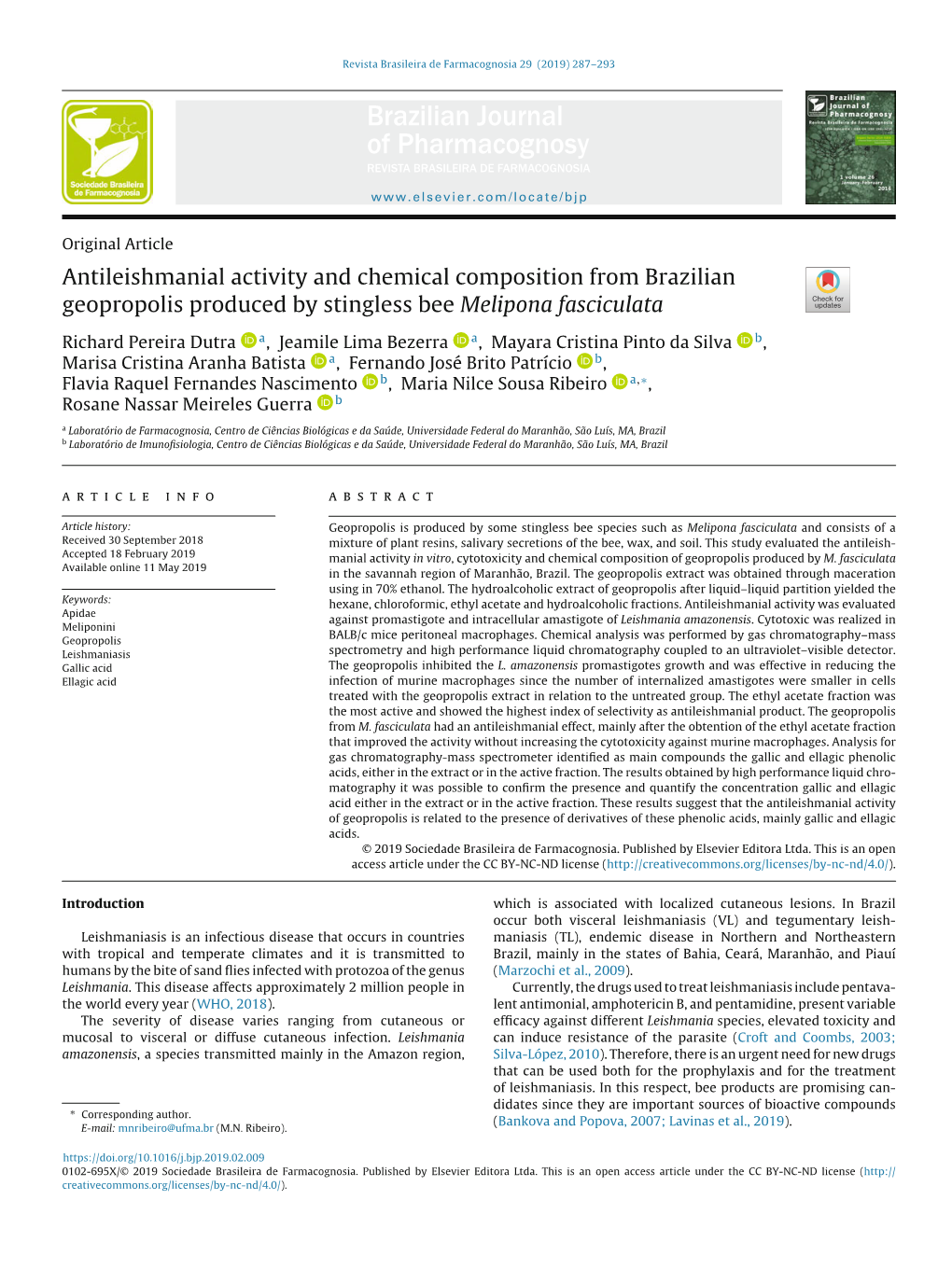 Antileishmanial Activity and Chemical Composition from Brazilian