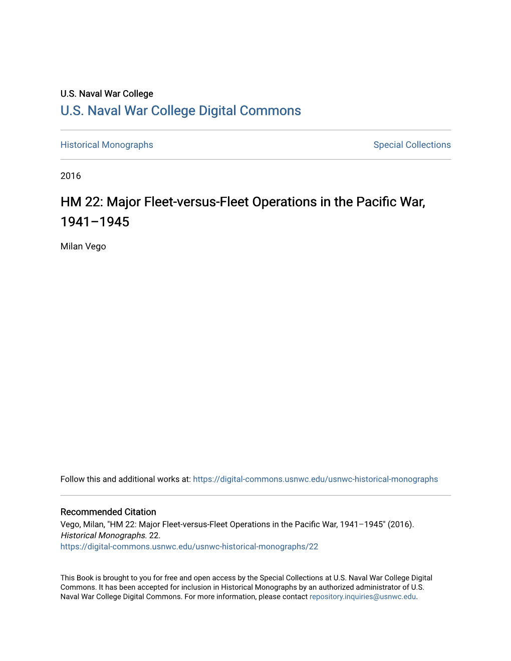 Major Fleet-Versus-Fleet Operations in the Pacific War, 1941–1945 Operations in the Pacific War, 1941–1945 Second Edition Milan Vego Milan Vego Second Ed