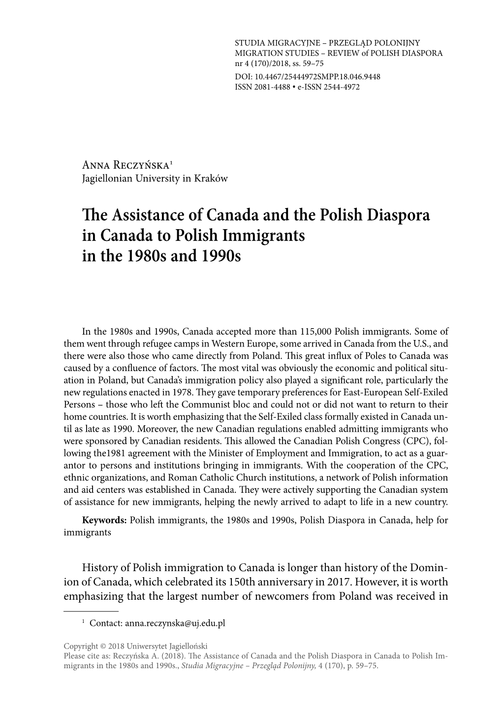 The Assistance of Canada and the Polish Diaspora in Canada to Polish Immigrants in the 1980S and 1990S