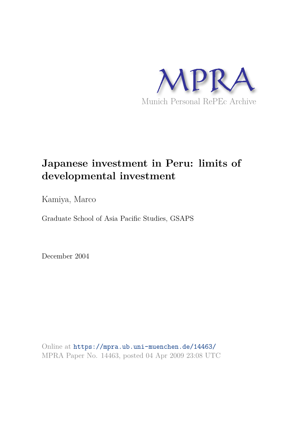 Japanese Investment in Peru: Limits of Developmental Investment