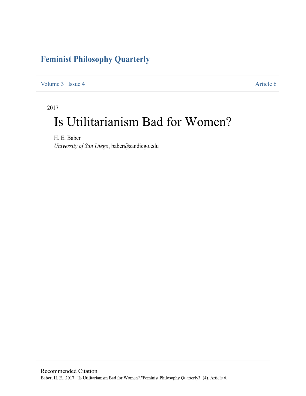 Is Utilitarianism Bad for Women? H