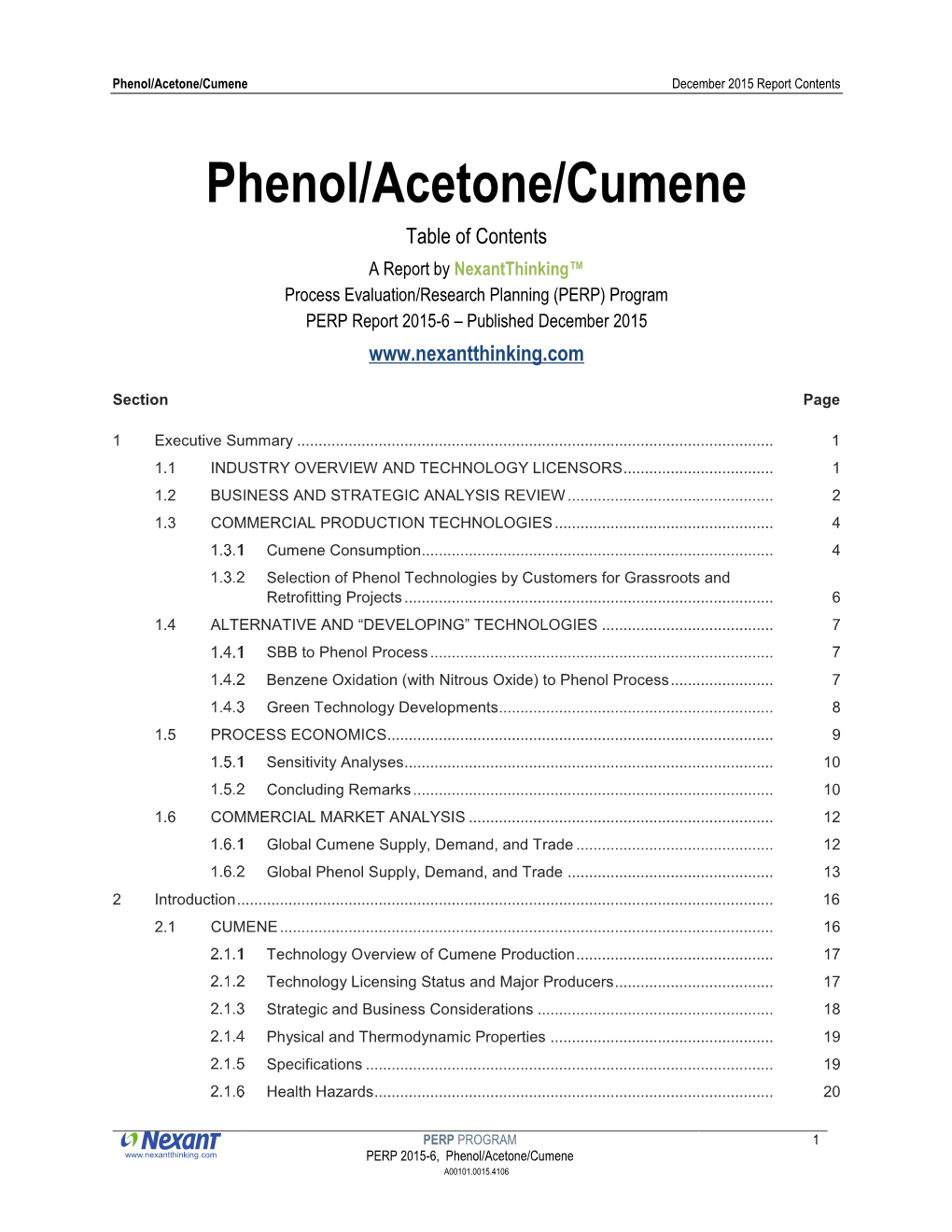 Phenol/Acetone/Cumene December 2015 Report Contents