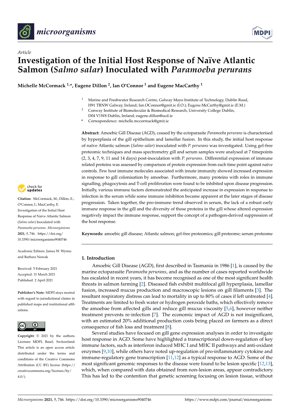 Investigation of the Initial Host Response of Naïve Atlantic Salmon (Salmo Salar) Inoculated with Paramoeba Perurans