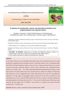 Evaluation of Total Phenolic Contents and Antioxidant Potentials of Ten Medicinal Plants from Algerian Sahara