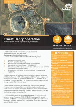 Ernest Henry Operation FY20 FY20 a World Class Asset - Operated by Glencore AISC PRODUCTION