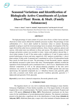 Seasonal Variations and Identification of Biologically Active Constituents of Lycium Shawii Plant Roem