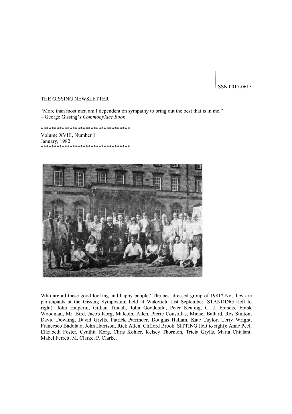 Issn 0017-0615 the Gissing Newsletter