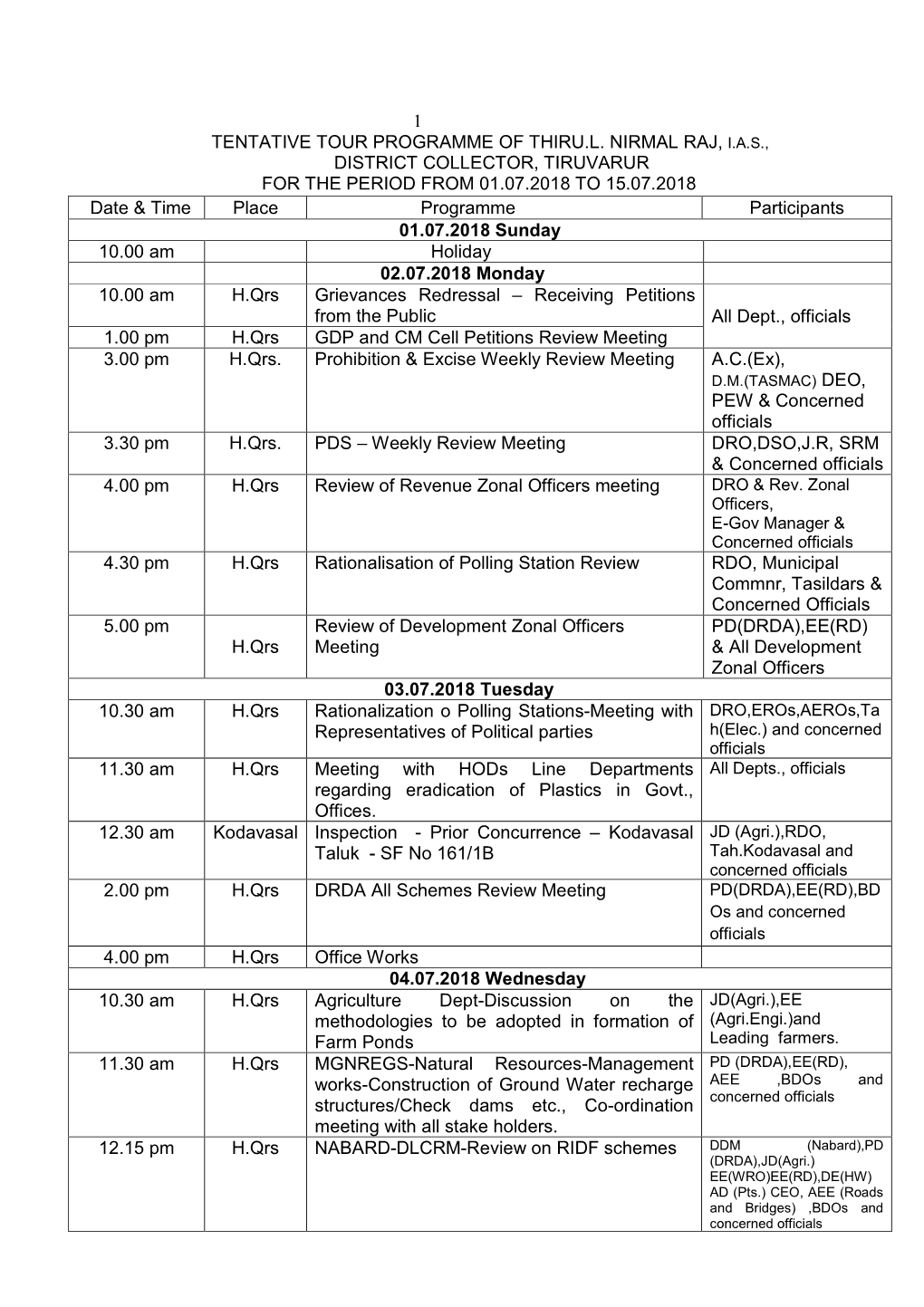 Collector Tour Programme for JULY 2018 IST FN Rectified