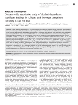 Genome-Wide Association Study of Alcohol Dependence: Signiﬁcant ﬁndings in African- and European-Americans Including Novel Risk Loci