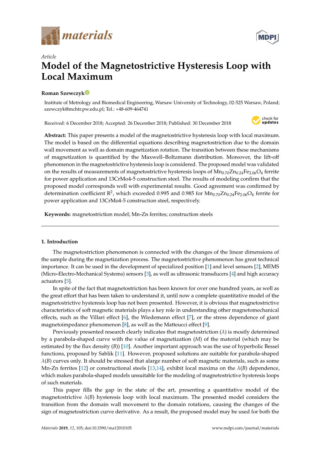 Model of the Magnetostrictive Hysteresis Loop with Local Maximum