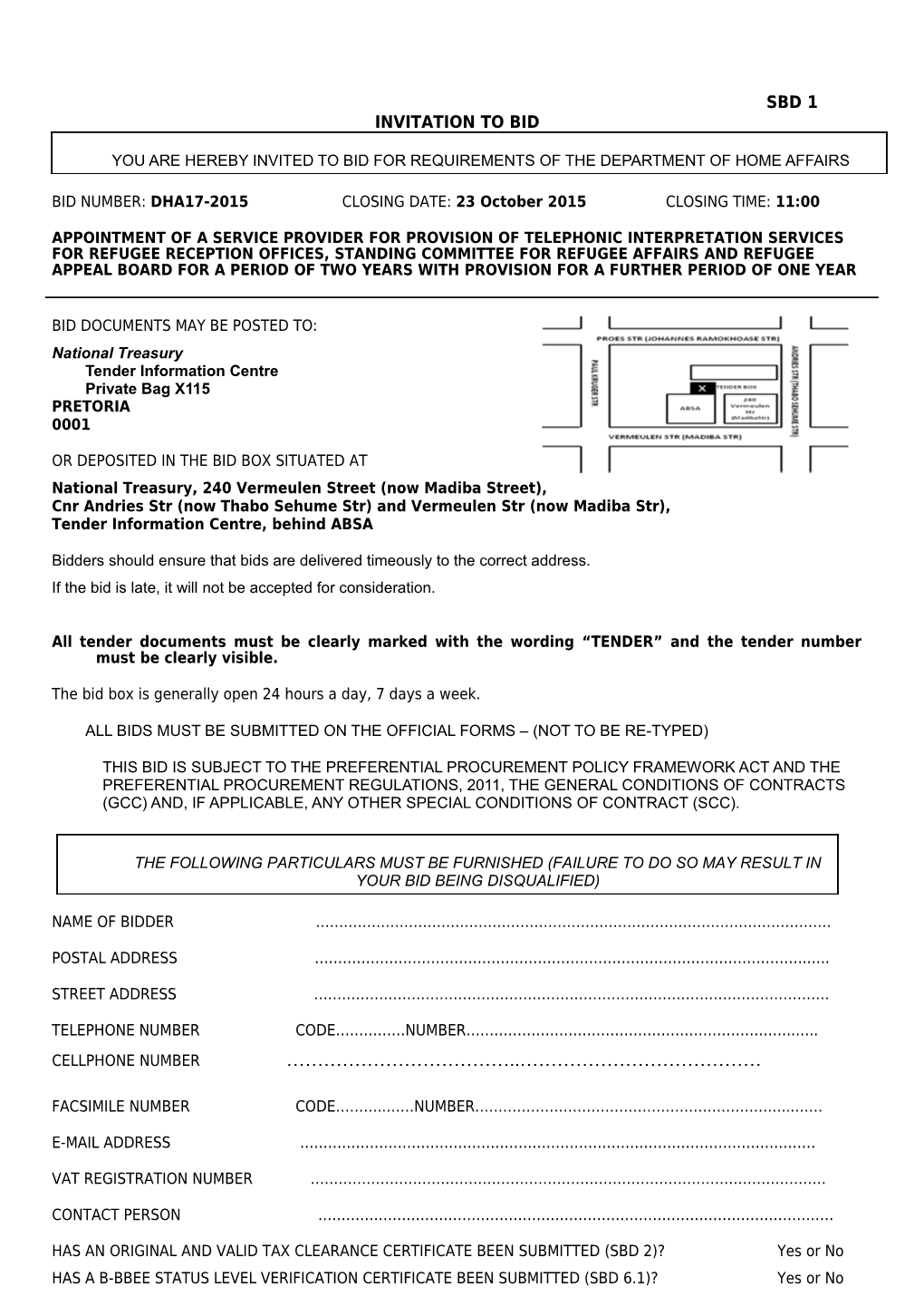 You Are Hereby Invited to Bid for Requirements of the Department of Home Affairs