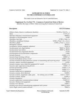 Commerce Control List - Index Supplement No