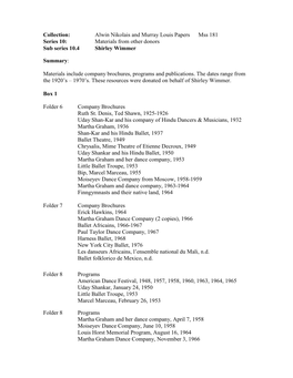 Alwin Nikolais and Murray Louis Papers Mss 181 Series 10: Materials from Other Donors Sub Series 10.4 Shirley Wimmer