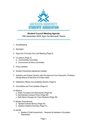Student Council Meeting Agenda 15Th December 2020, 6Pm Via Microsoft Teams