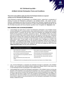 ICC T20 World Cup 2020 – At-Match Activity Participation Terms and Conditions