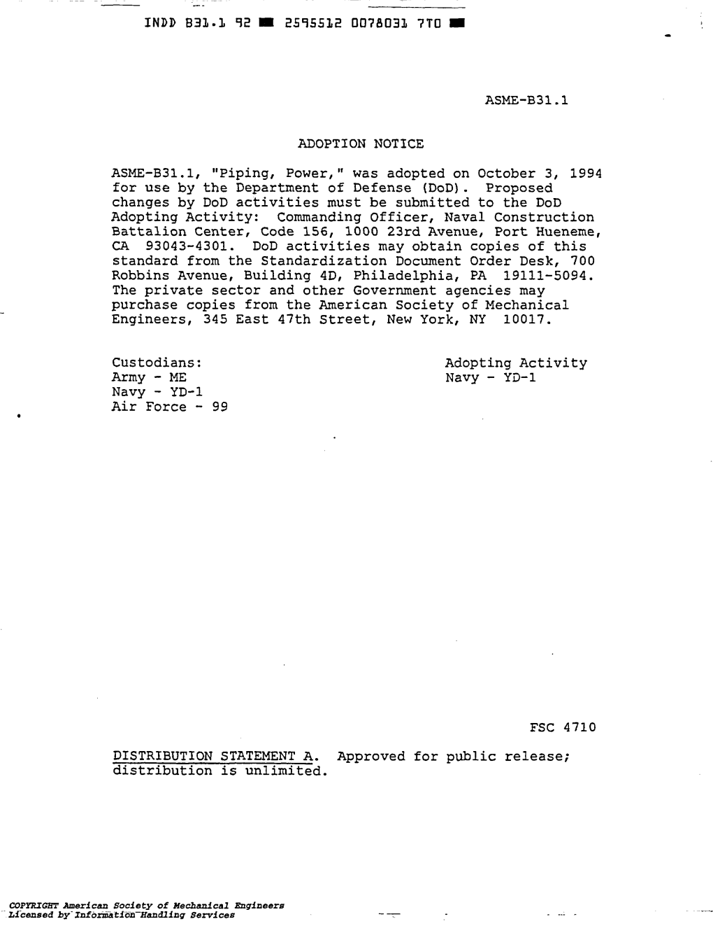 ANSI/ASME B31.1, "Power Piping" American National Standard