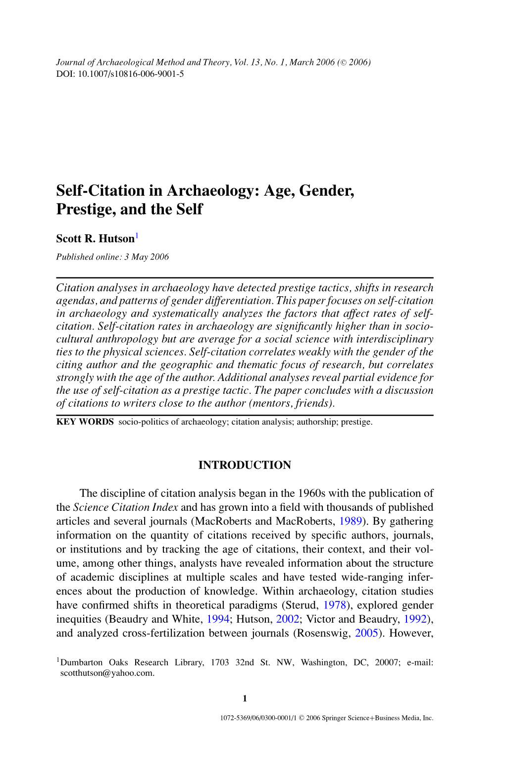 Self-Citation in Archaeology: Age, Gender, Prestige, and the Self