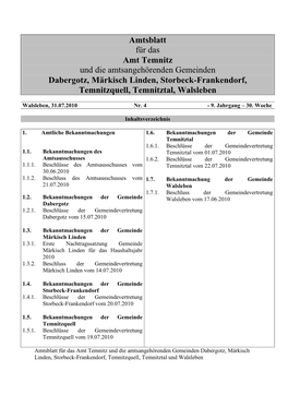 Amtsblatt Für Das Amt Temnitz Und Die Amtsangehörenden Gemeinden Dabergotz, Märkisch Linden, Storbeck-Frankendorf, Temnitzquell, Temnitztal, Walsleben