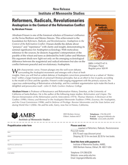 Reformers, Radicals, Revolutionaries Anabaptism in the Context of the Reformation Conflict by Abraham Friesen