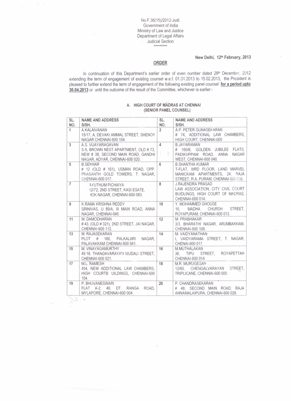 Madras and Chennai High Court Panel