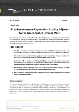 LPI to Recommence Exploration Activity Adjacent to the Greenbushes Lithium Mine