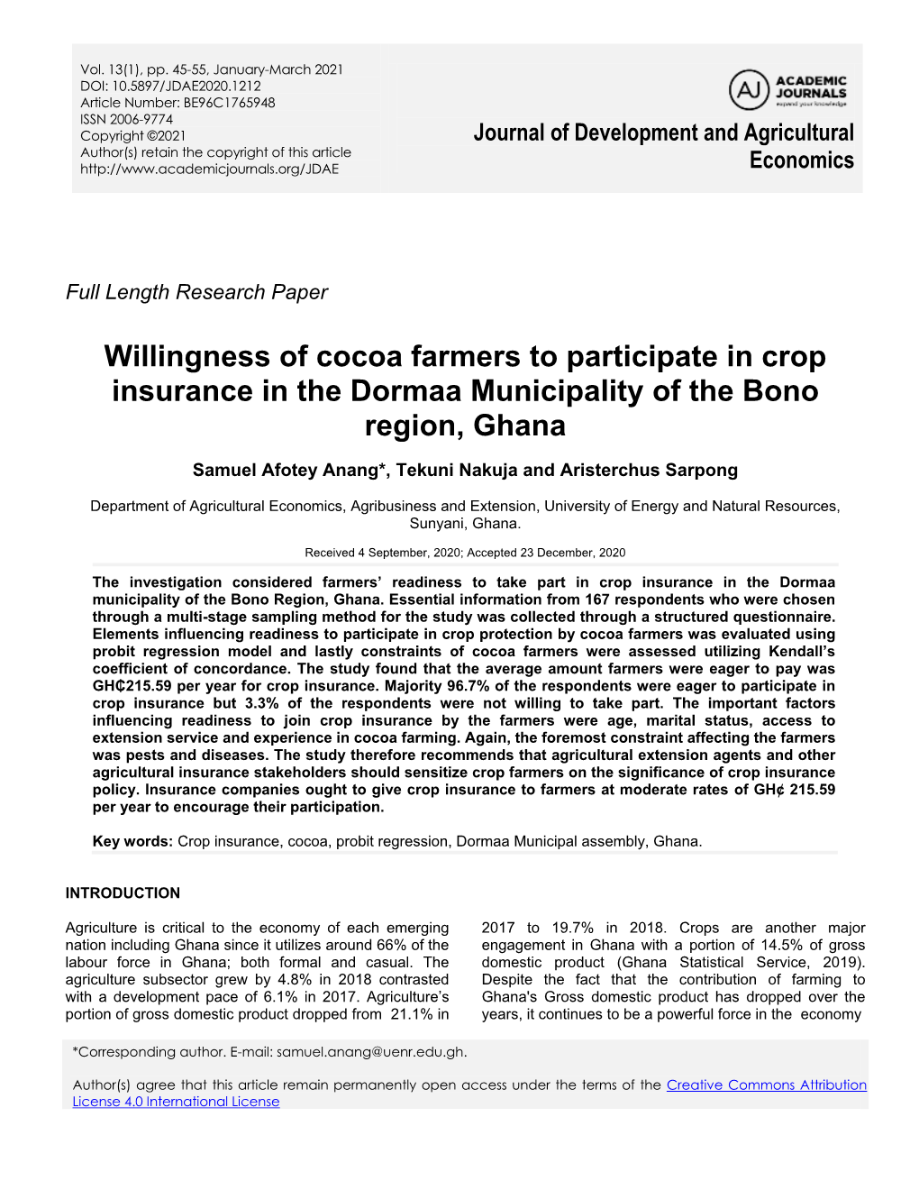 Willingness of Cocoa Farmers to Participate in Crop Insurance in the Dormaa Municipality of the Bono Region, Ghana