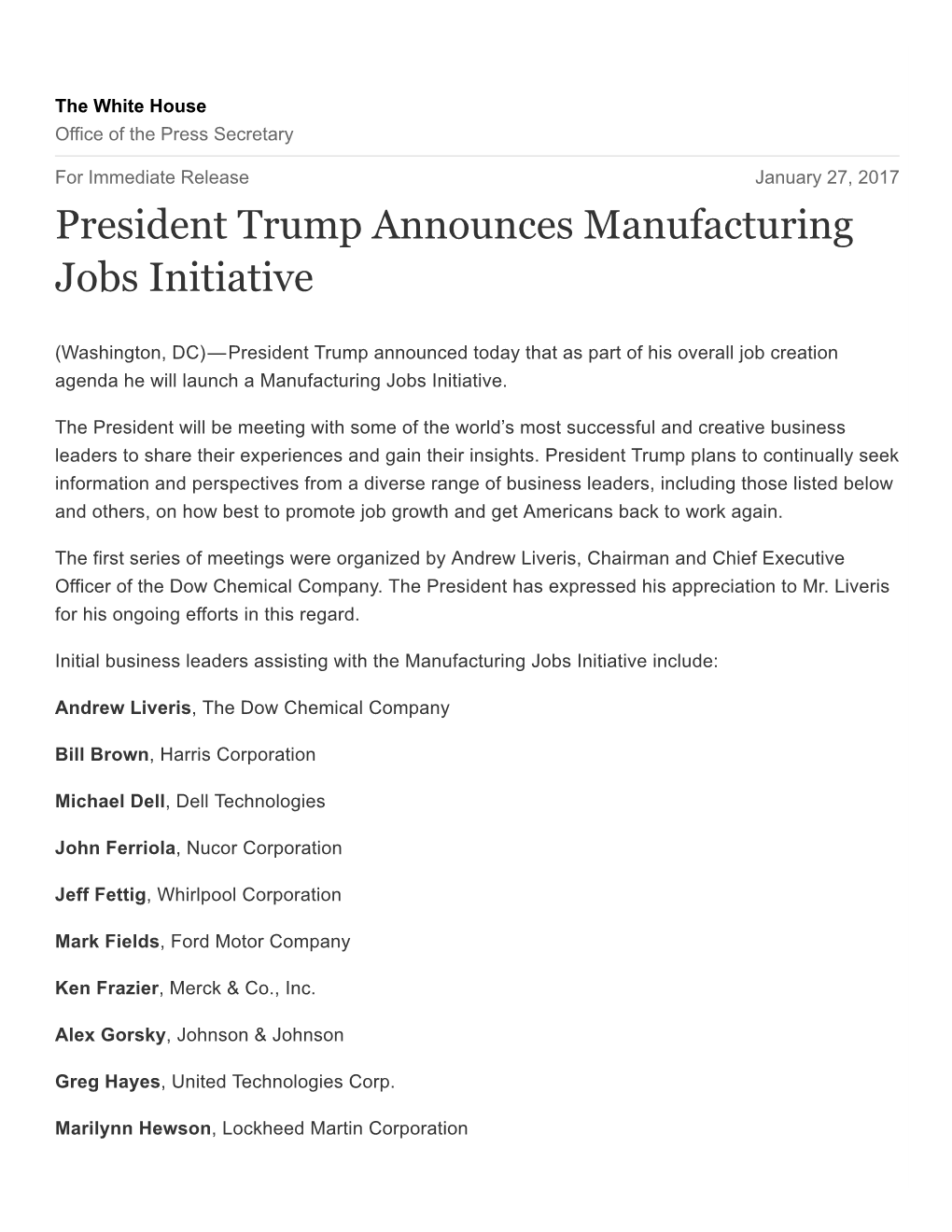 President Trump Announces Manufacturing Jobs Initiative