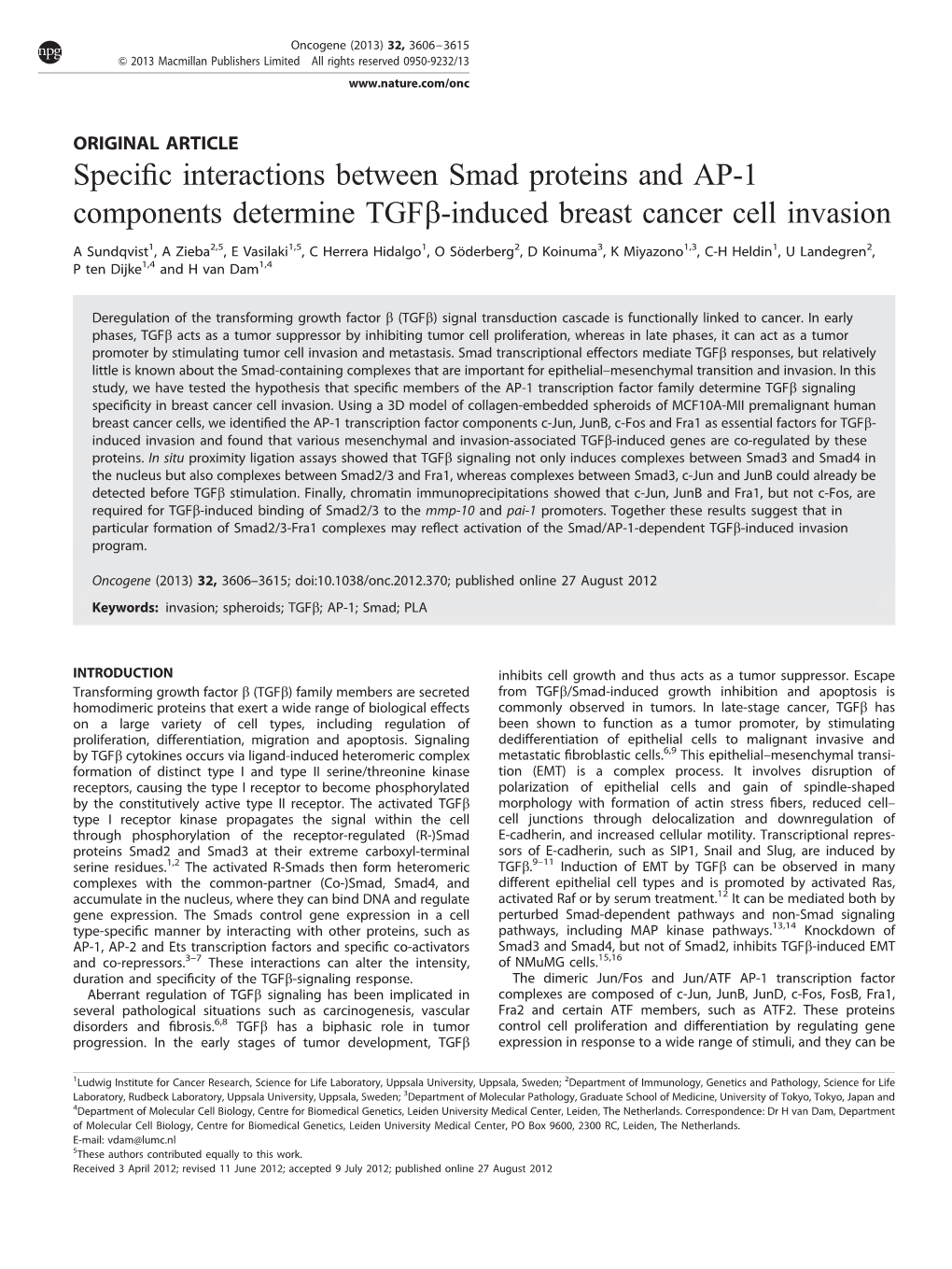 Specific Interactions Between Smad Proteins and AP-1