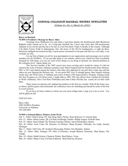 NATIONAL COLLEGIATE BASEBALL WRITERS NEWSLETTER (Volume 41, No