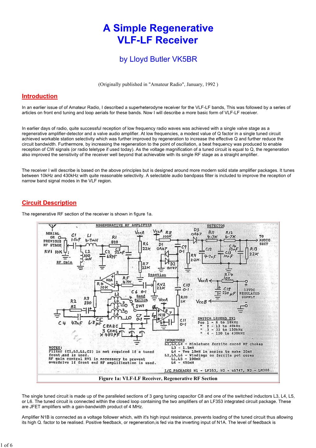 A Simple Regenerative VLF-LF Receiver