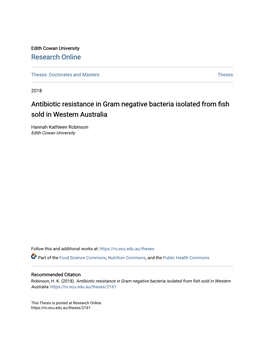 Antibiotic Resistance in Gram Negative Bacteria Isolated from Fish Sold in Western Australia