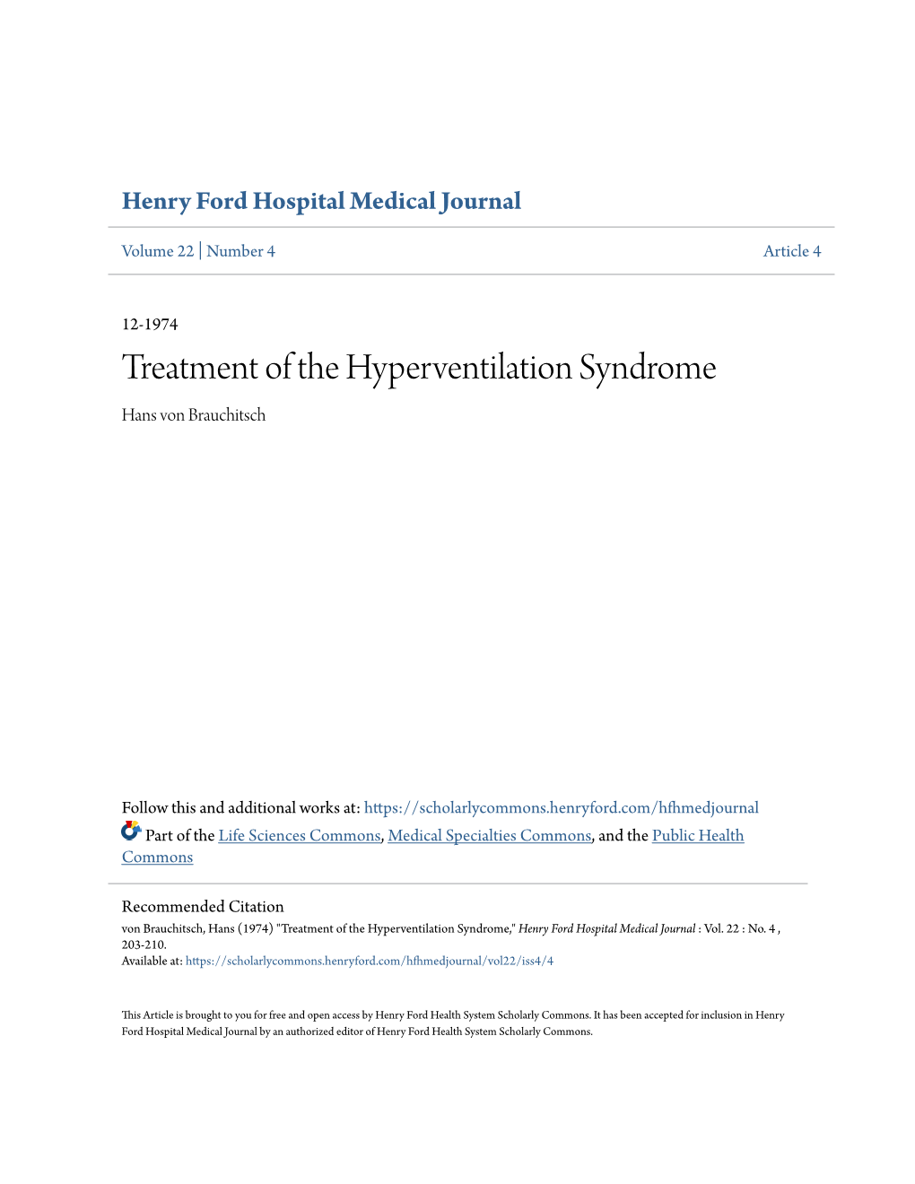 Treatment of the Hyperventilation Syndrome Hans Von Brauchitsch