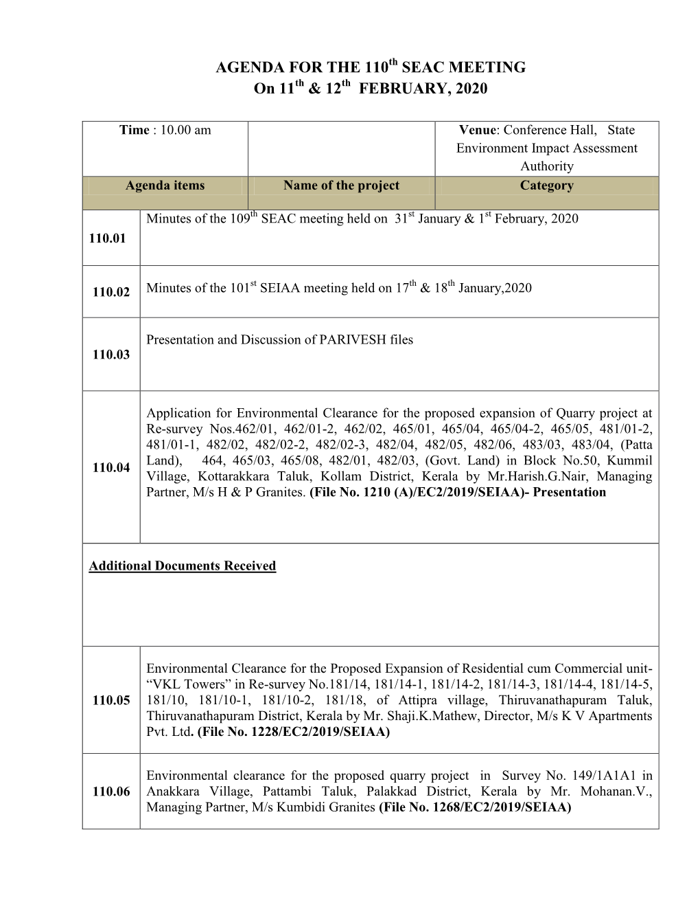 AGENDA for the 110 SEAC MEETING on 11 & 12 FEBRUARY