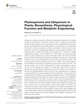 Plastoquinone and Ubiquinone in Plants: Biosynthesis, Physiological Function and Metabolic Engineering