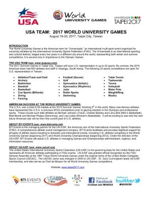 USA TEAM: 2017 WORLD UNIVERSITY GAMES August 19-30, 2017, Taipei City, Taiwan