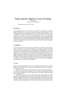 Nokia and the Adaptive Cycle of Change Arne Beentjes Universiteit Van Amsterdam