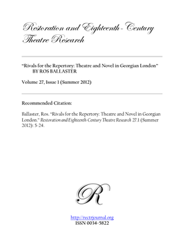 Rivals for the Repertory: Theatre and Novel in Georgian London” by ROS BALLASTER