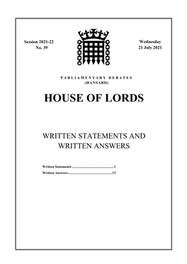 House of Lords Written Answers and Statements
